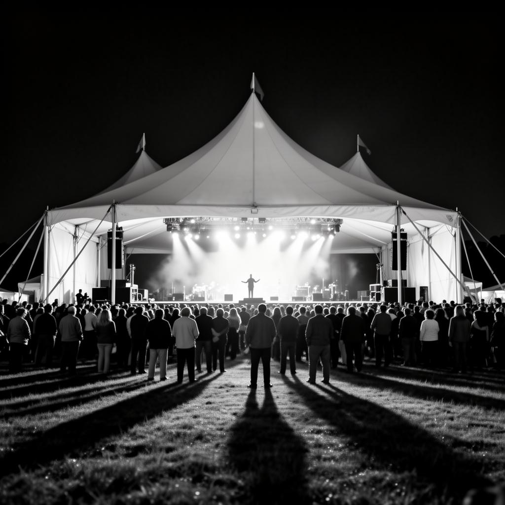 Tent revival meeting at night under a glowing white tent